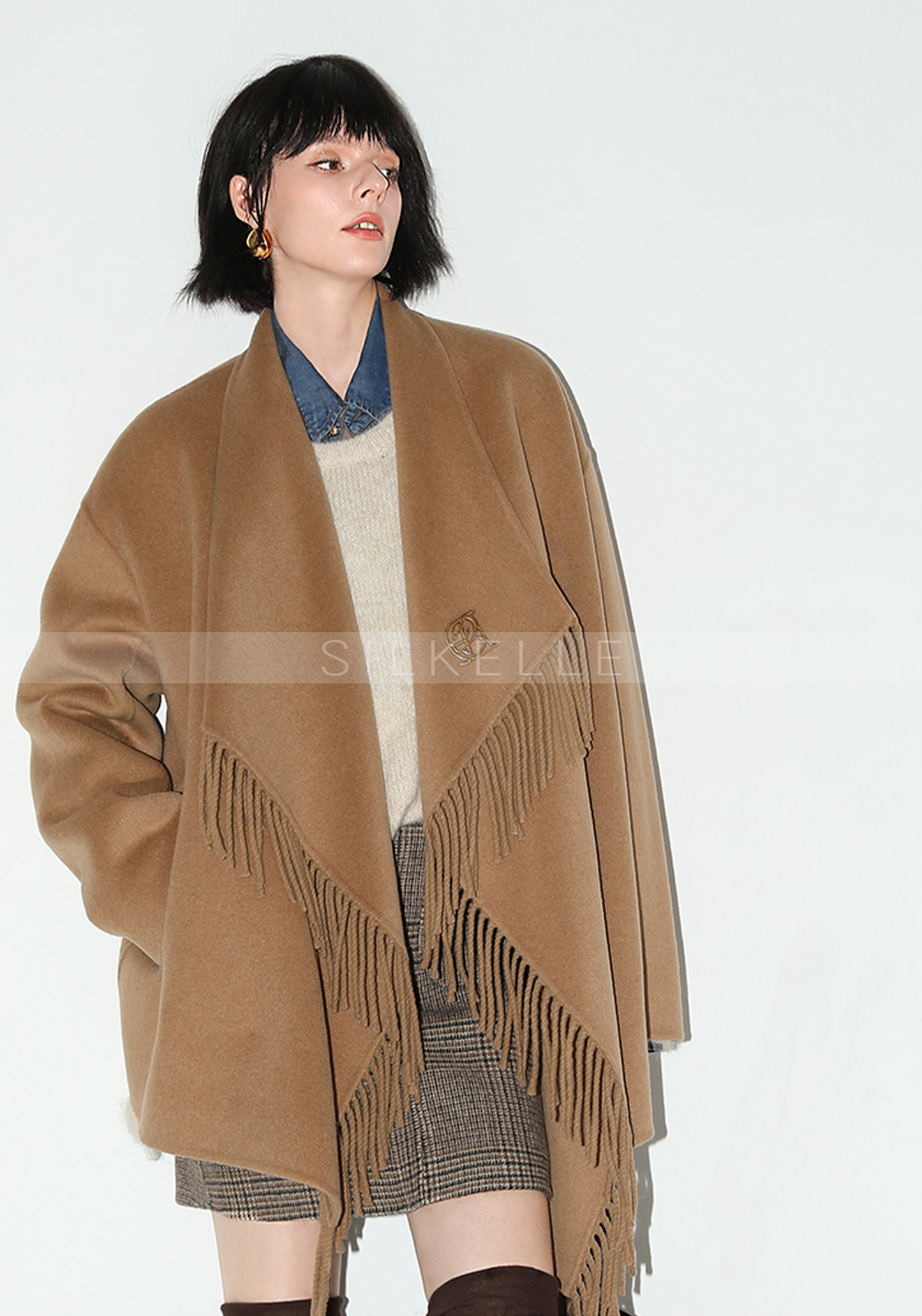 Fringed large lapel double-sided wool coat woolen wool coat