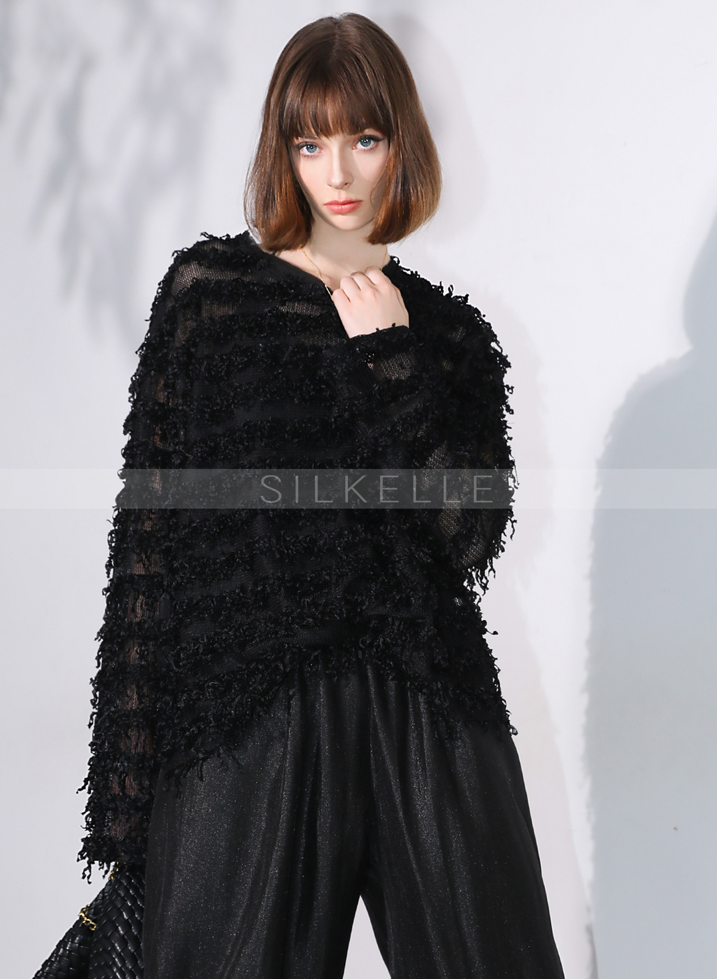 Design sense slightly transparent tassel cardigan autumn celebrity style raw edge knit cardigan