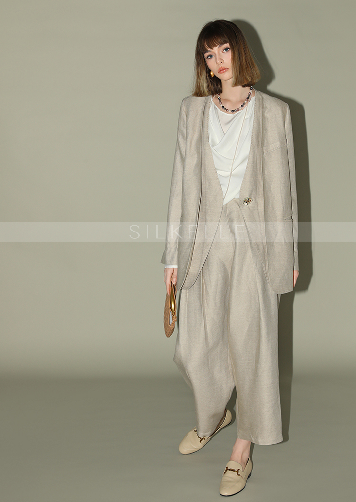 Fake two-piece linen suit for women, elegant commuting, bare collar suit