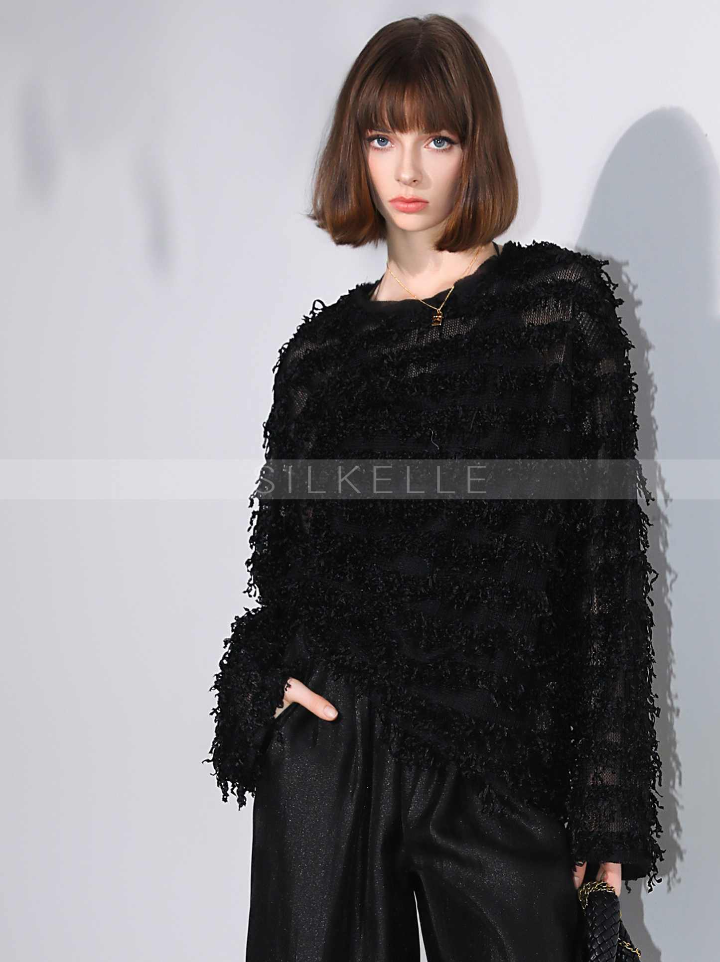 Design sense slightly transparent tassel cardigan autumn celebrity style raw edge knit cardigan