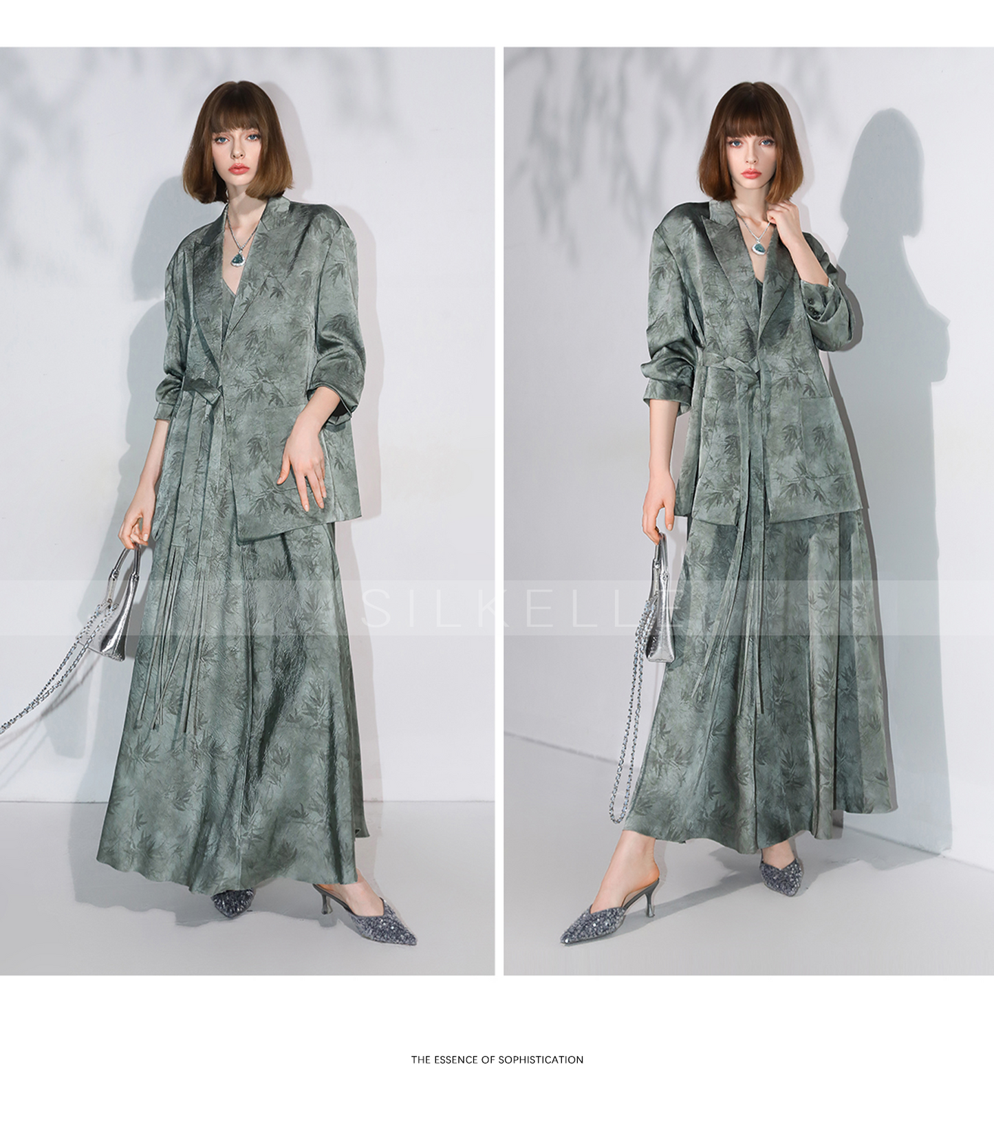 New Chinese style bamboo leaf print suit with side placket and tie jacket