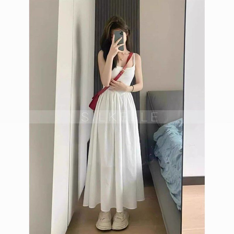 White suspender dress for women, small waist slimming first love long dress