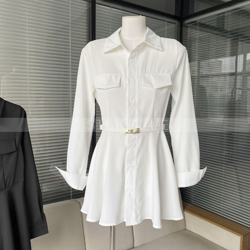 Waist polo collar long sleeve shirt dress women's slim fit simple A-line skirt