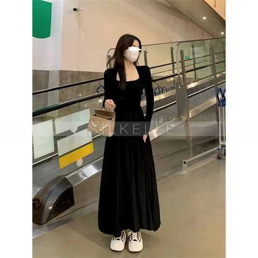 Square collar long sleeve dress for women Hepburn style slim waist long dress