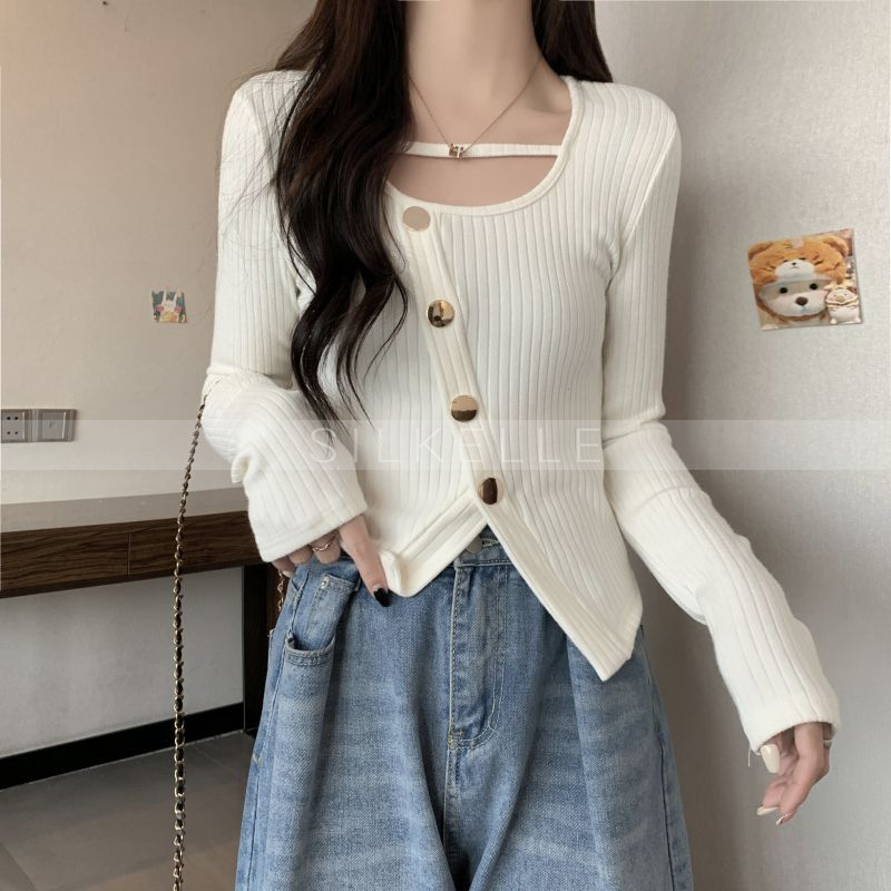 Irregular slit long-sleeved knitted sweater for women, slim-fitting square-neck short thin top