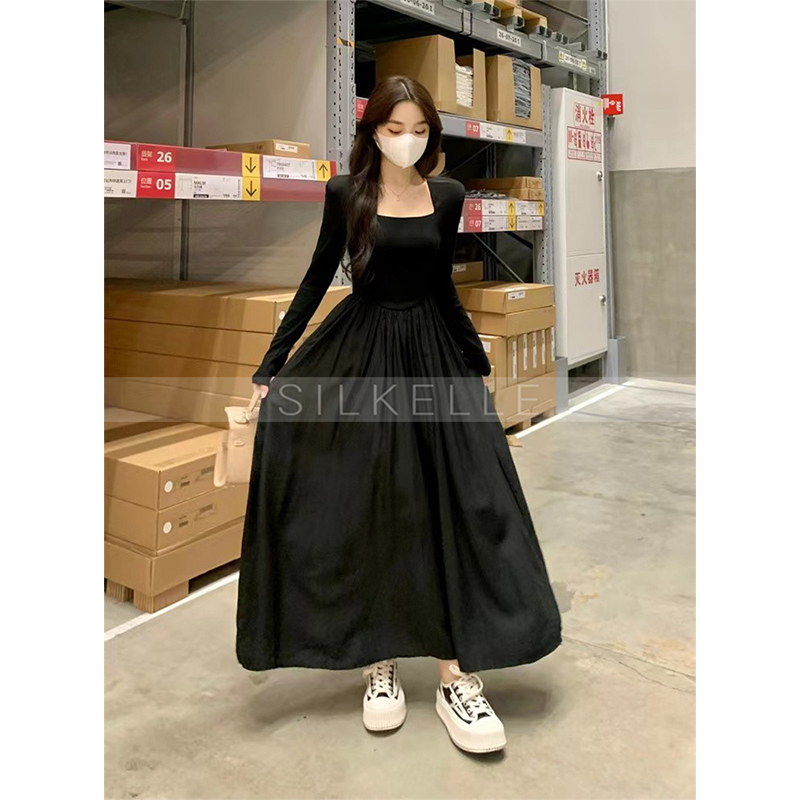 Square collar long sleeve dress for women Hepburn style slim waist long dress