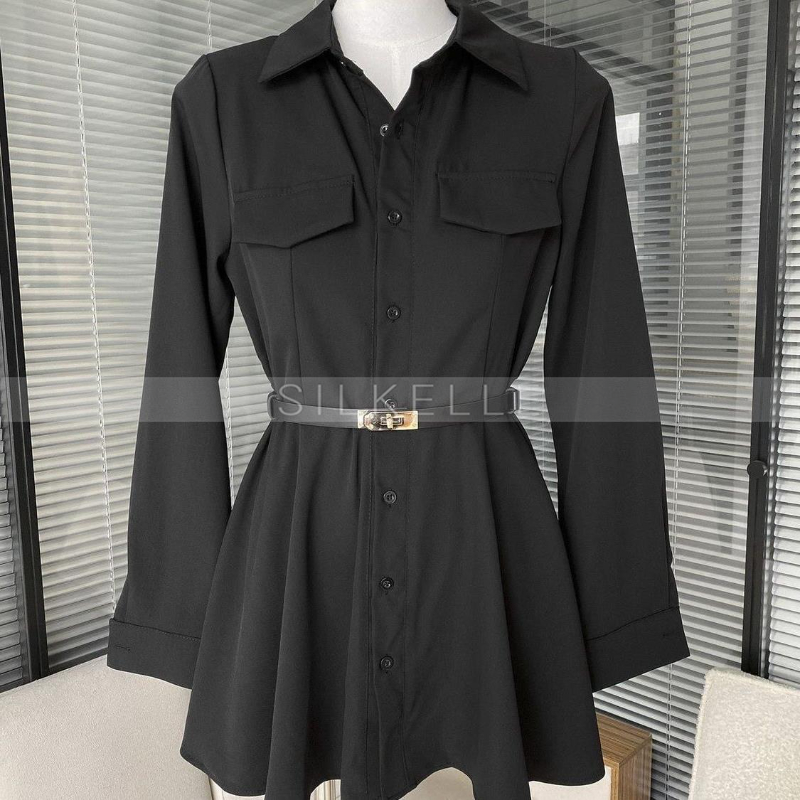 Waist polo collar long sleeve shirt dress women's slim fit simple A-line skirt