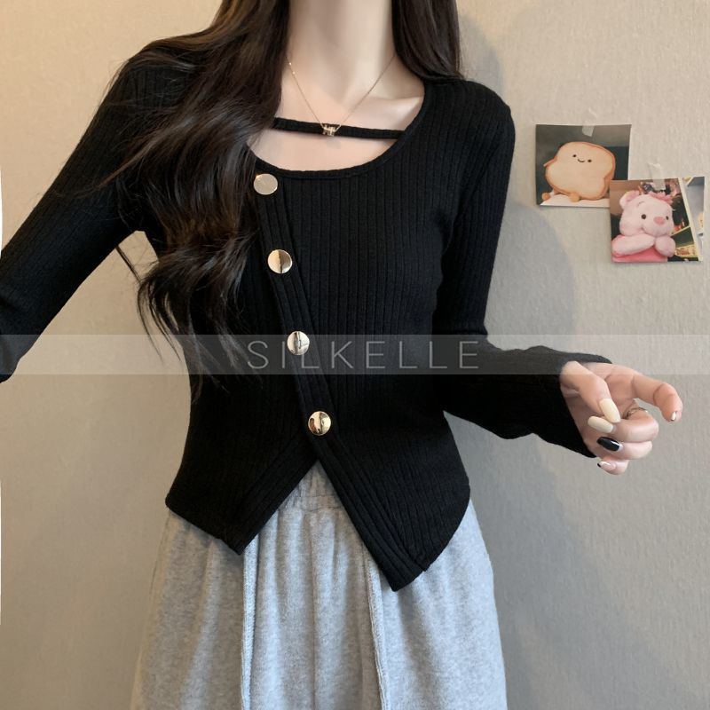 Irregular slit long-sleeved knitted sweater for women, slim-fitting square-neck short thin top