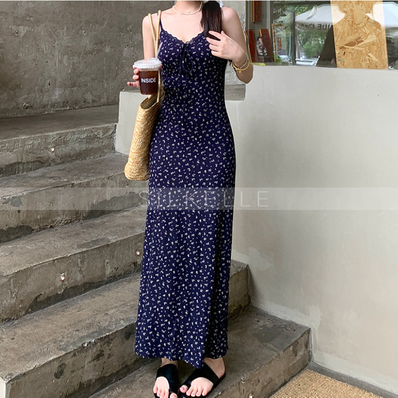 Floral suspender dress summer V-neck lace first love long dress