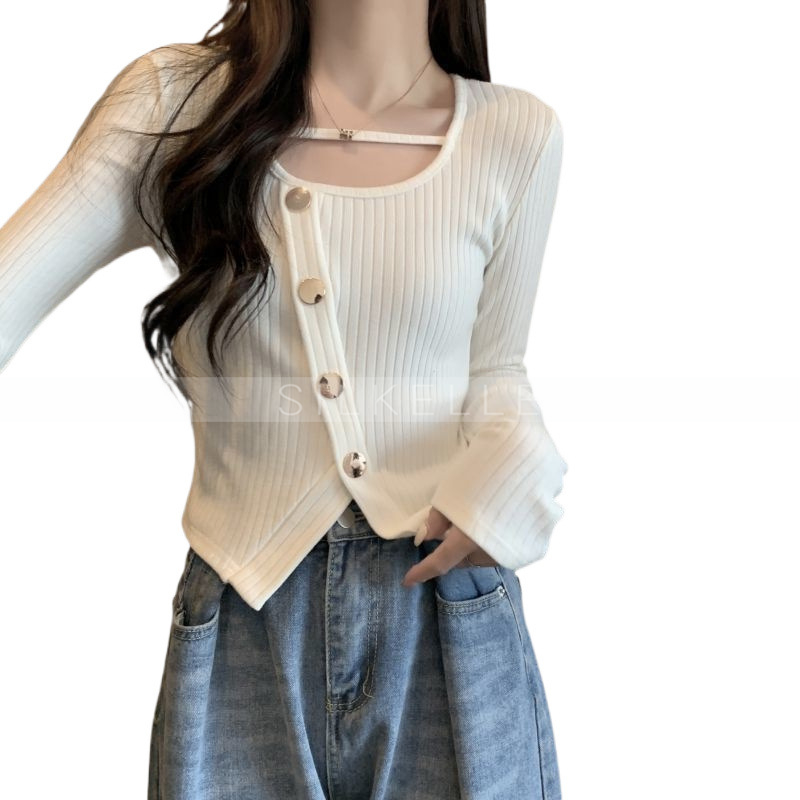 Irregular slit long-sleeved knitted sweater for women, slim-fitting square-neck short thin top