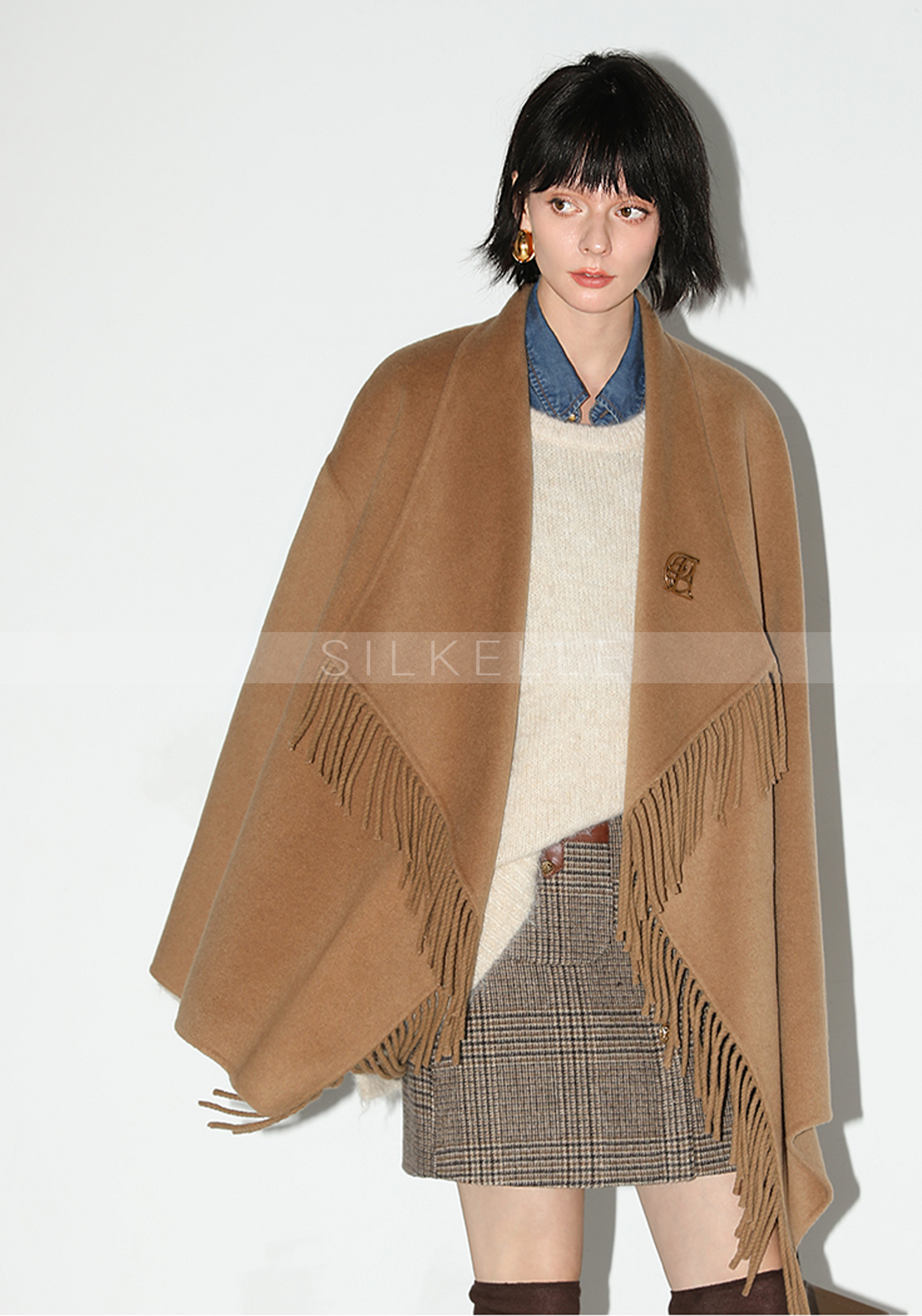 Fringed large lapel double-sided wool coat woolen wool coat