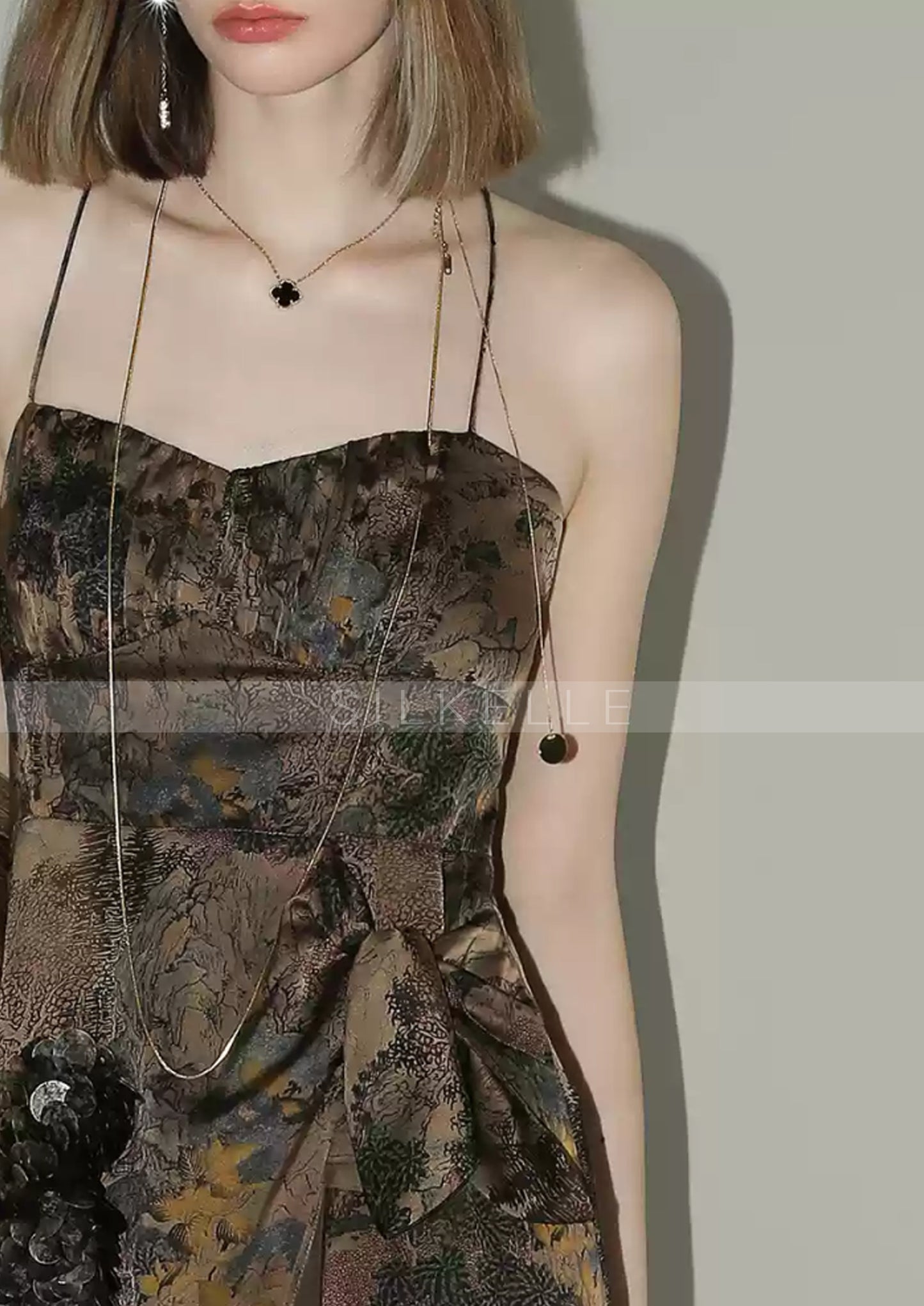 New Chinese style satin printed suspender dress