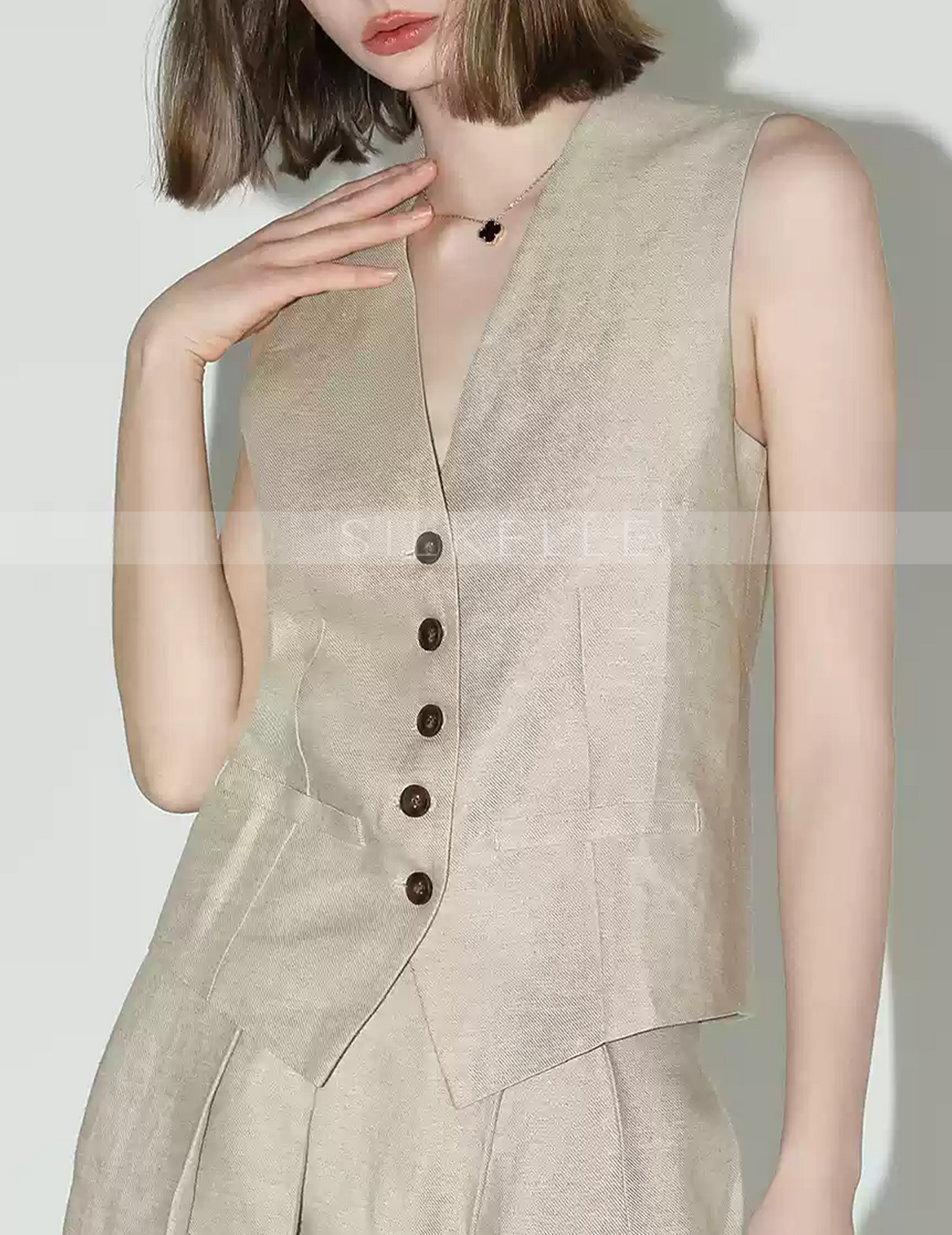 Fake two-piece linen suit for women, elegant commuting, bare collar suit