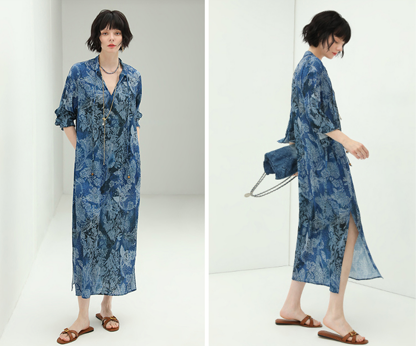 Texture printed dress new Chinese style stand collar ethnic style long dress