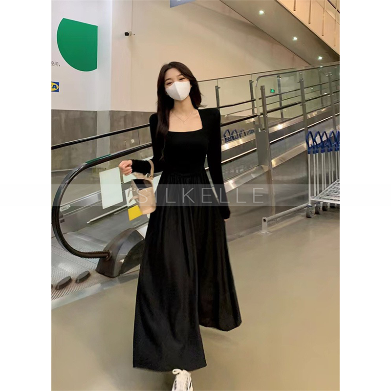 Square collar long sleeve dress for women Hepburn style slim waist long dress