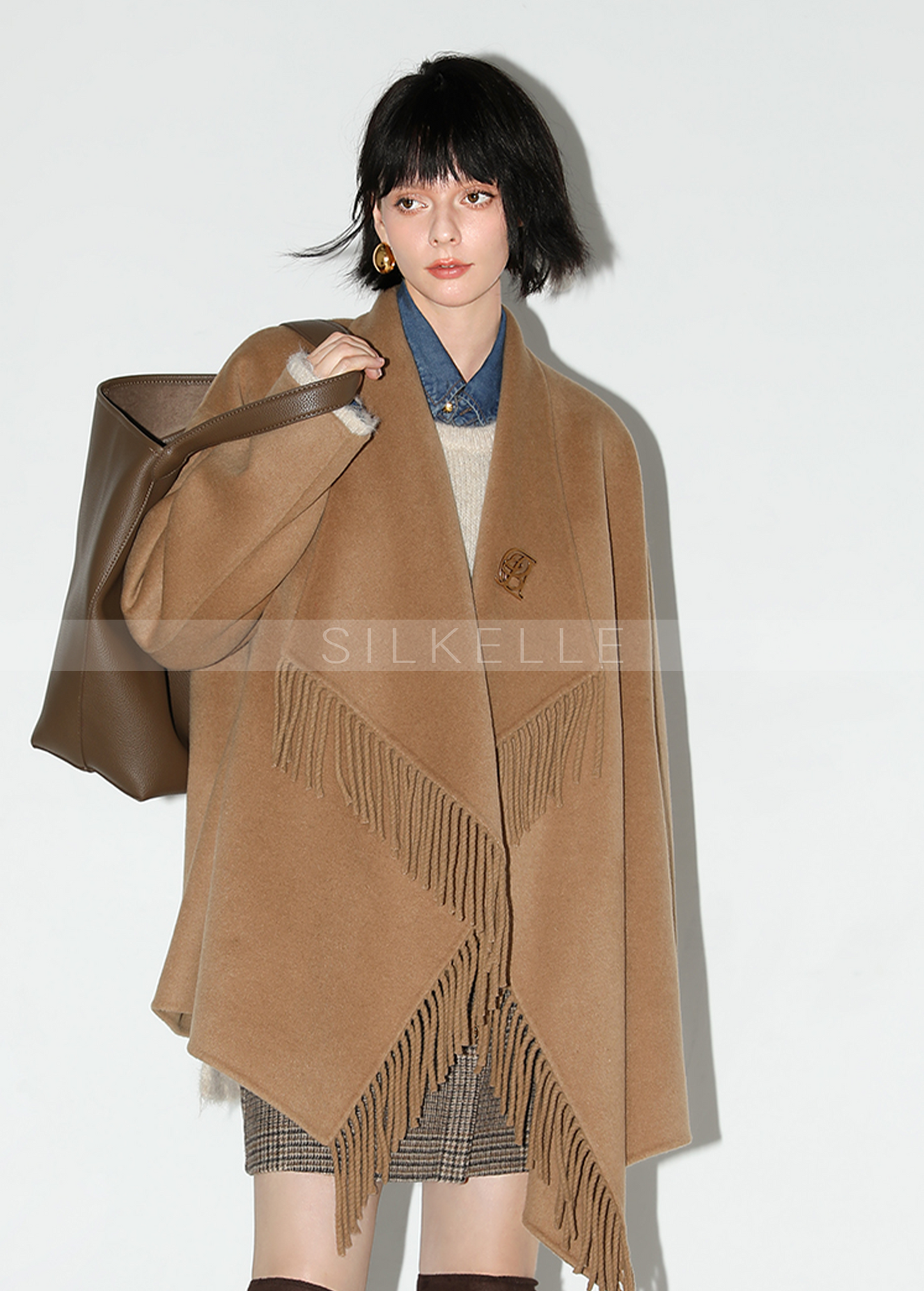 Fringed large lapel double-sided wool coat woolen wool coat