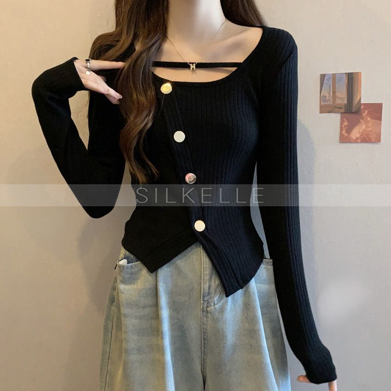 Irregular slit long-sleeved knitted sweater for women, slim-fitting square-neck short thin top