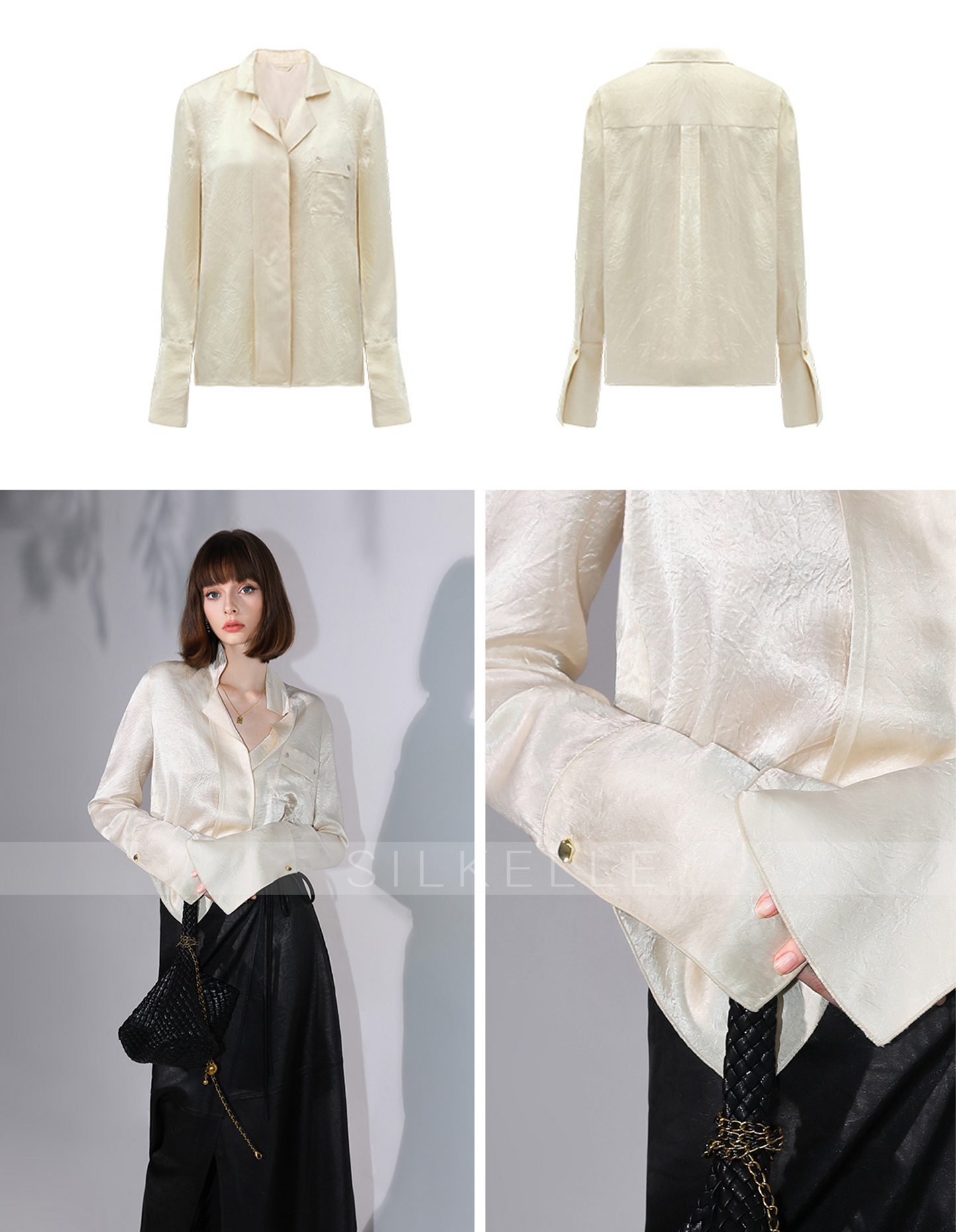 Pleated silky draped horseshoe sleeve autumn shirt