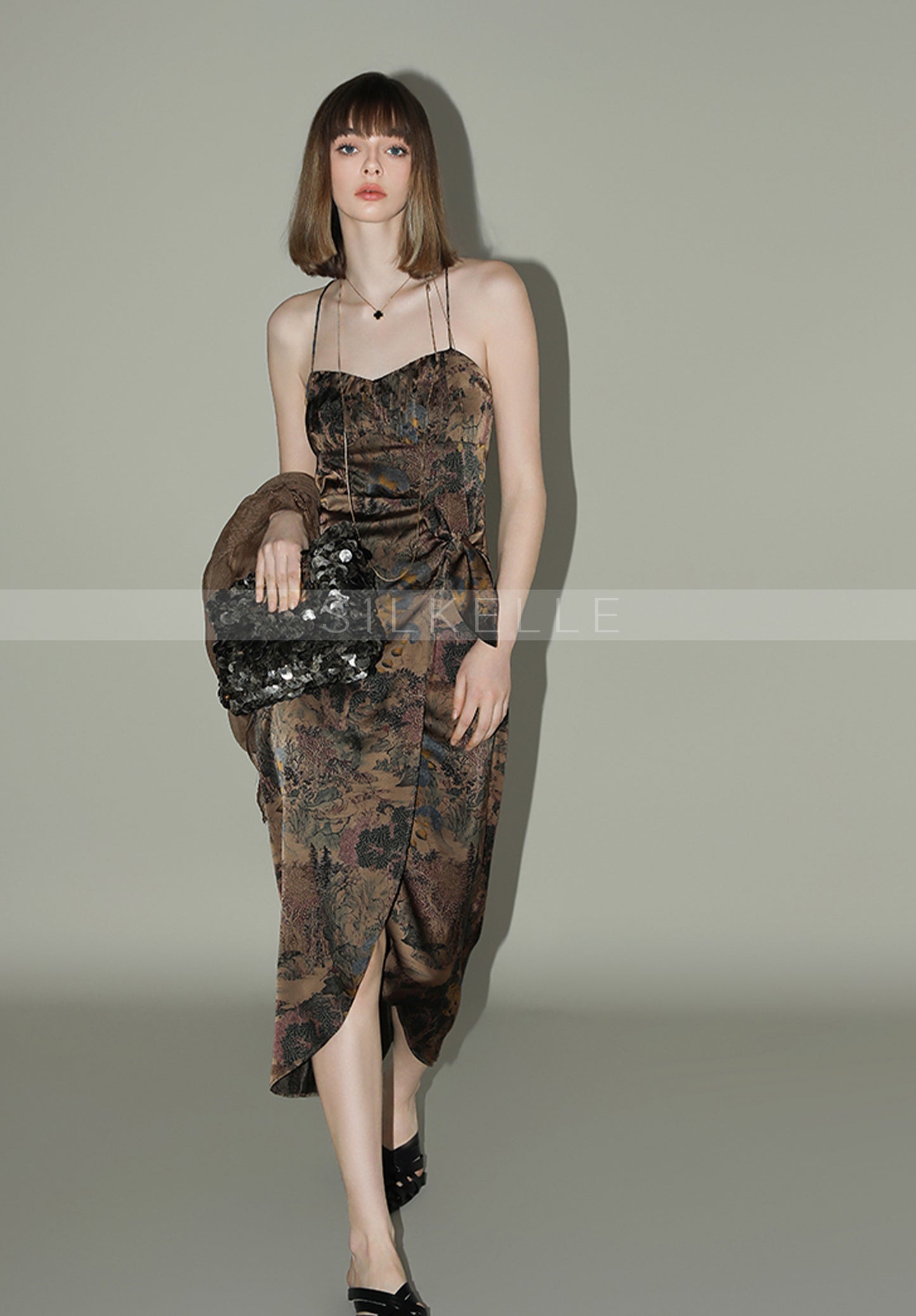 New Chinese style satin printed suspender dress