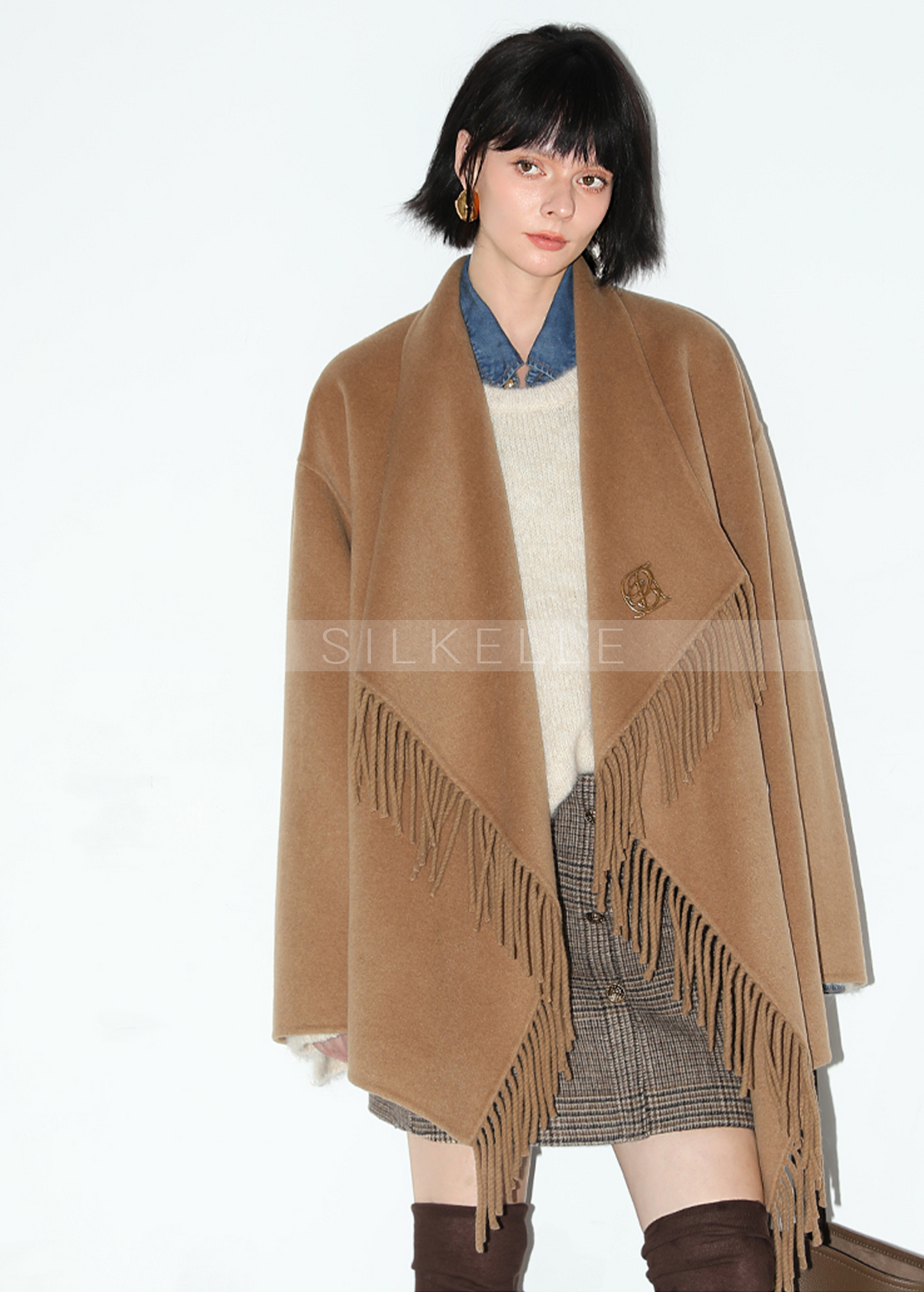 Fringed large lapel double-sided wool coat woolen wool coat