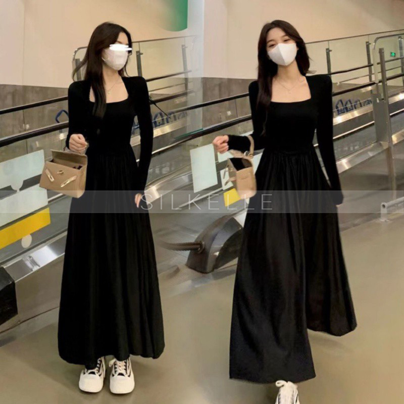 Square collar long sleeve dress for women Hepburn style slim waist long dress