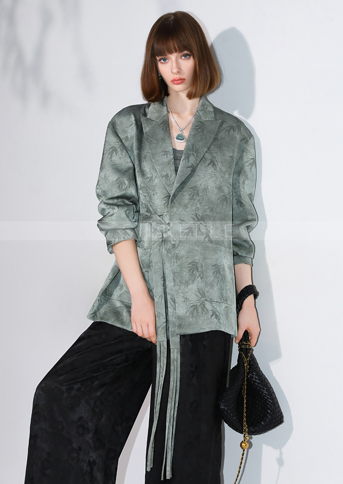 New Chinese style bamboo leaf print suit with side placket and tie jacket