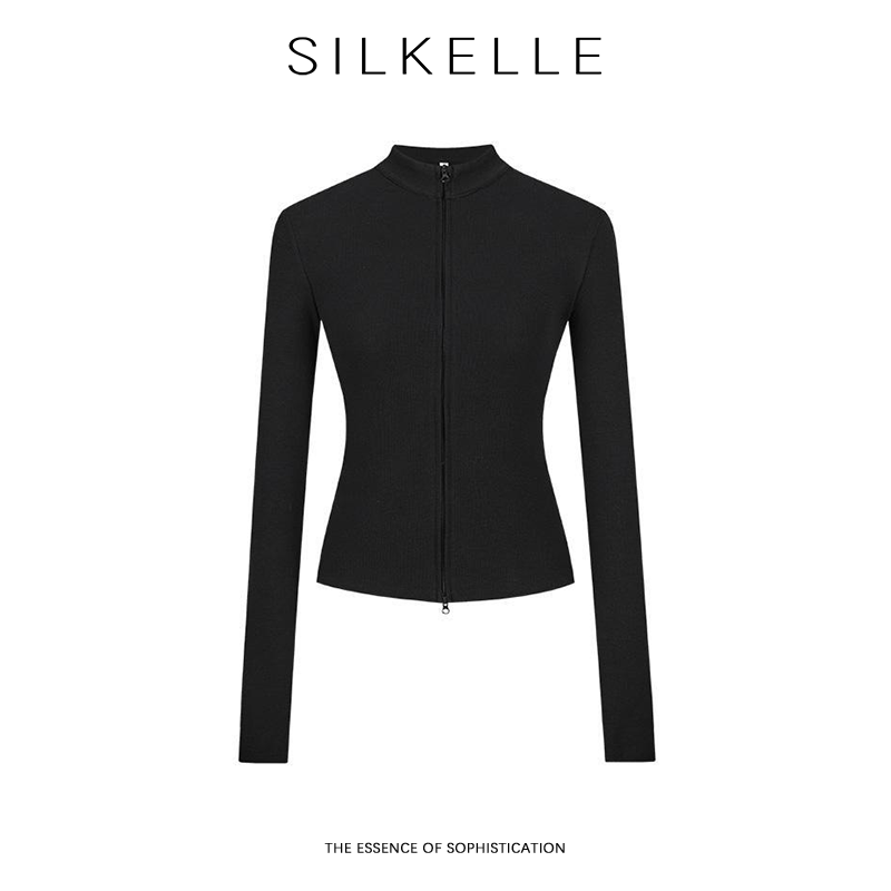 Double zipper jacket, anti-striped top, women's stand-up collar, slim waist cardigan