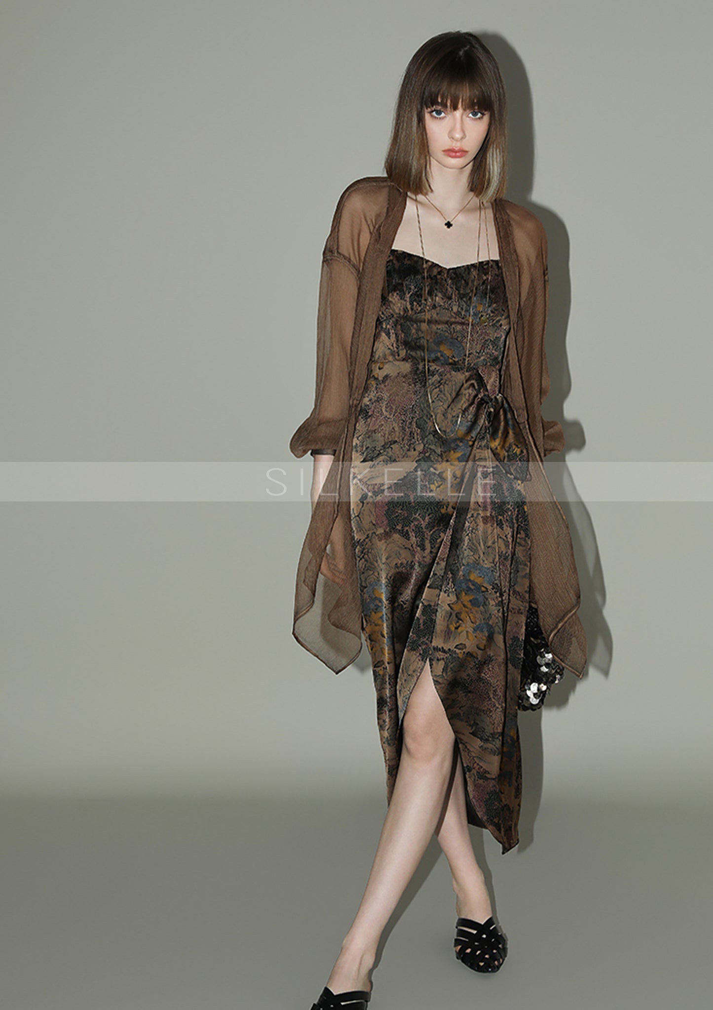 New Chinese style satin printed suspender dress