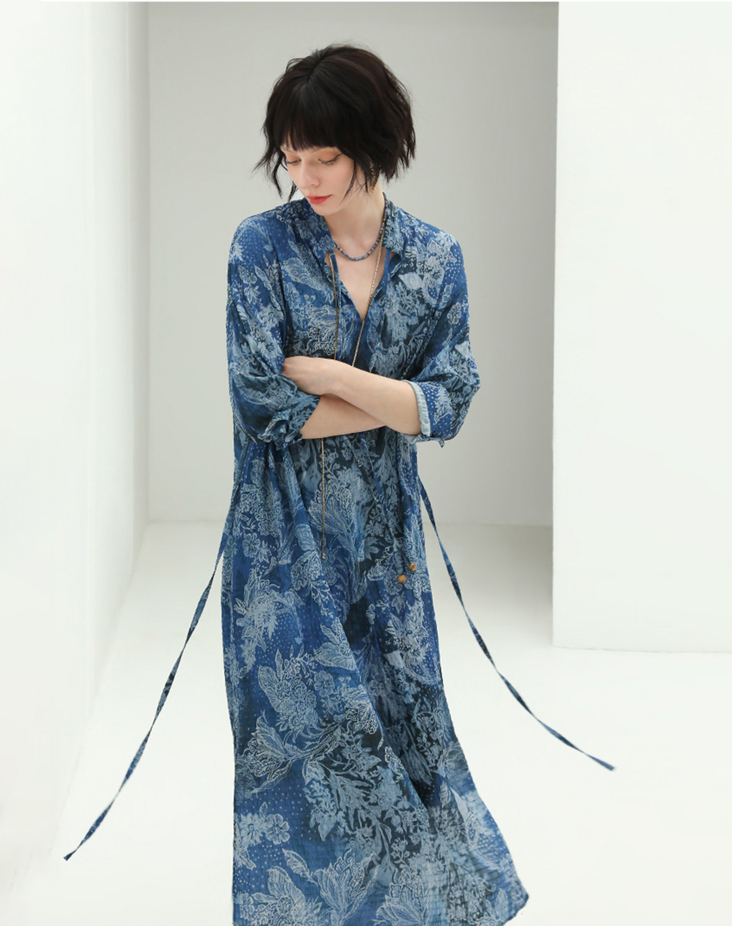 Texture printed dress new Chinese style stand collar ethnic style long dress