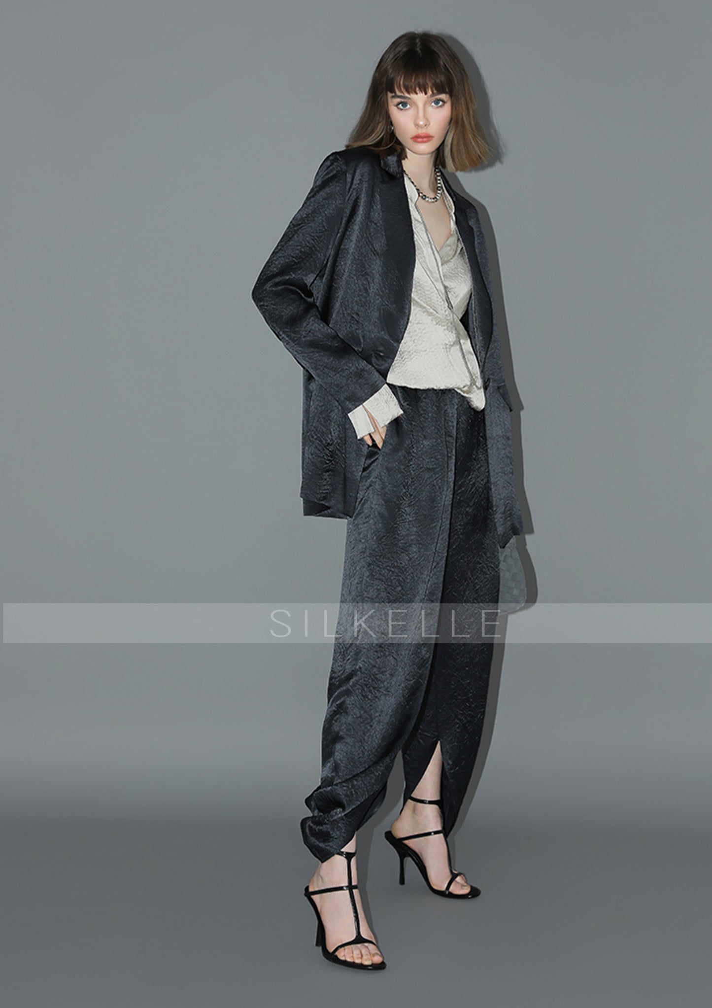 Satin stand collar shirt autumn new Chinese style two-wear temperament OL shirt