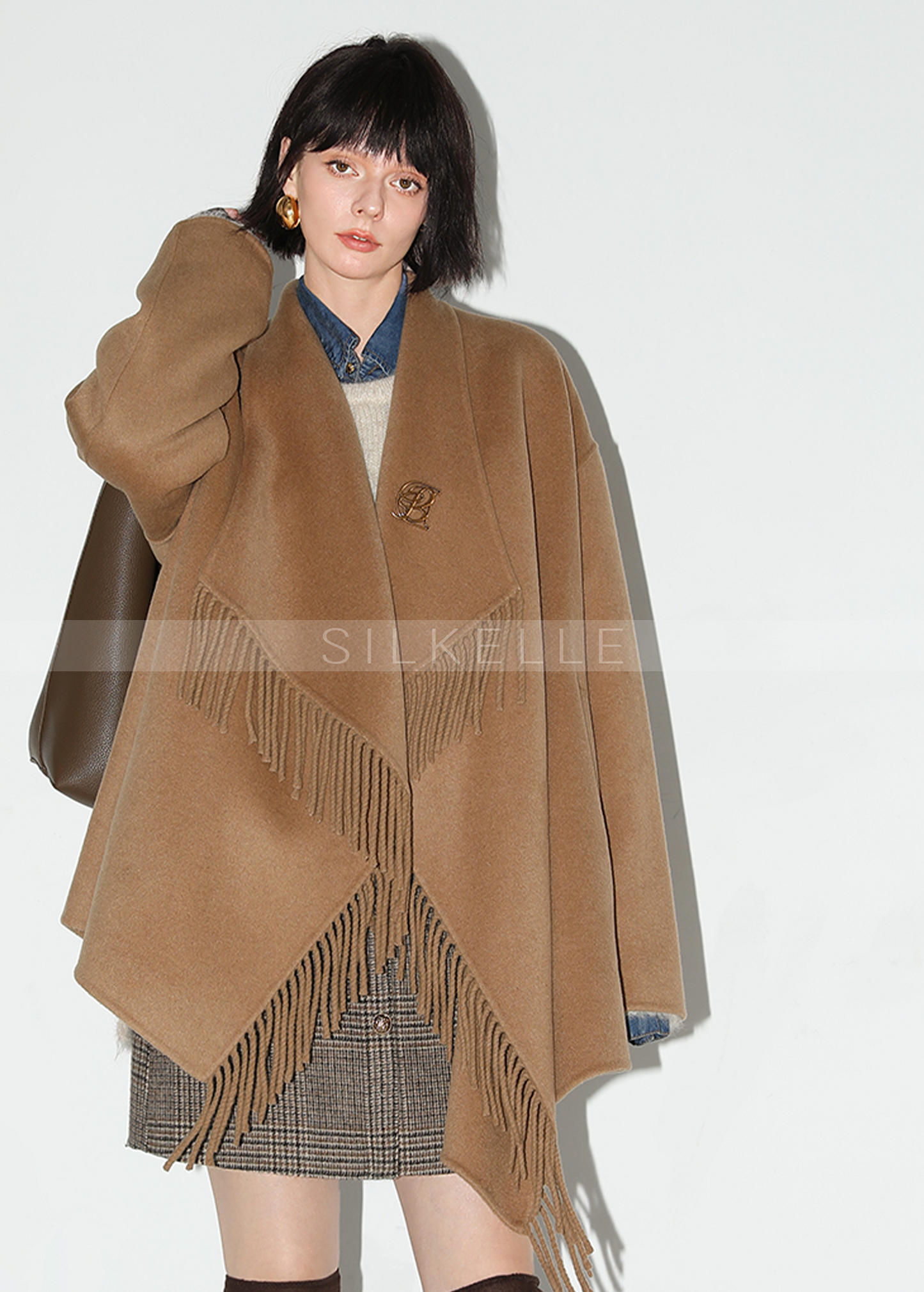 Fringed large lapel double-sided wool coat woolen wool coat