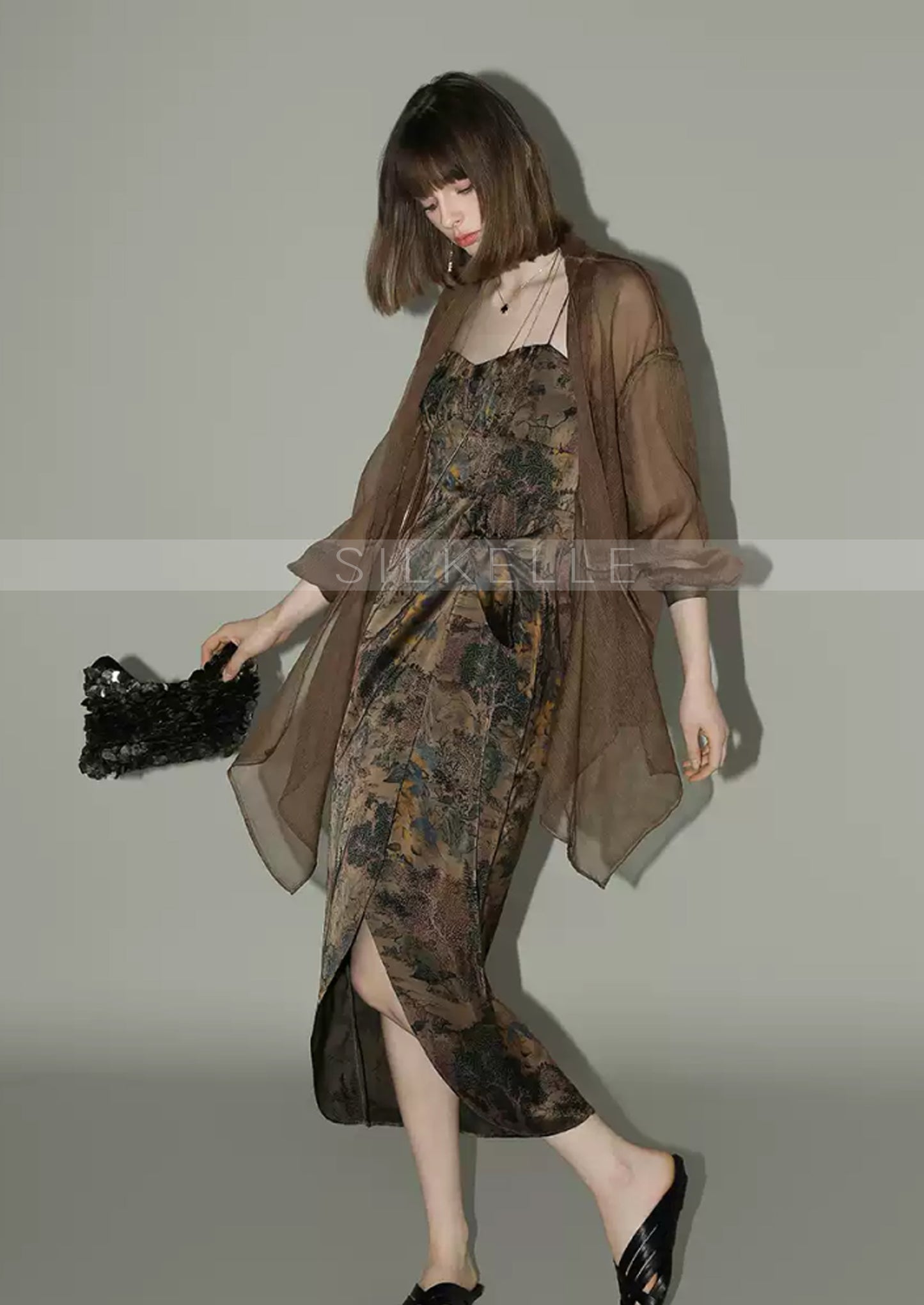 New Chinese style satin printed suspender dress