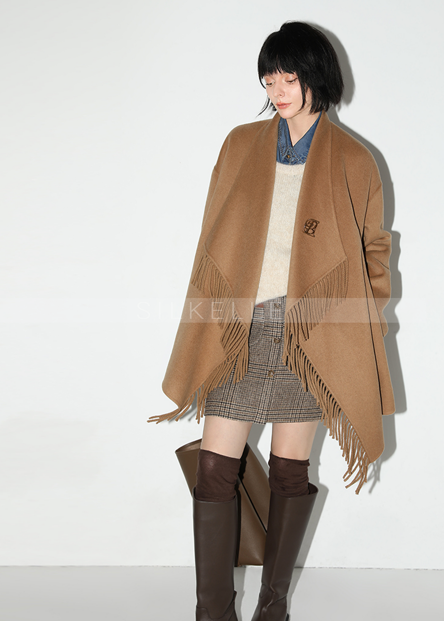 Fringed large lapel double-sided wool coat woolen wool coat