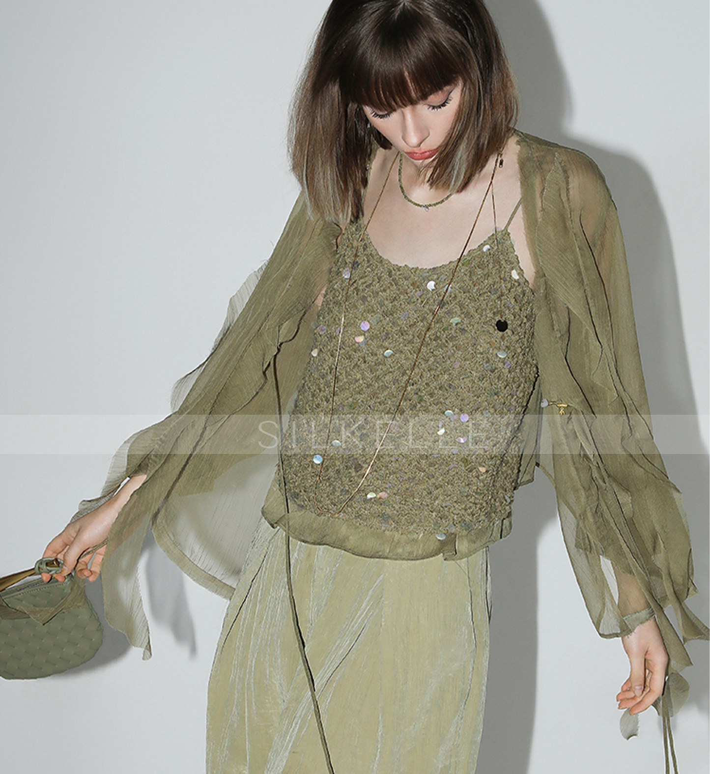 Sequined braided camisole chiffon patchwork ruffled vest