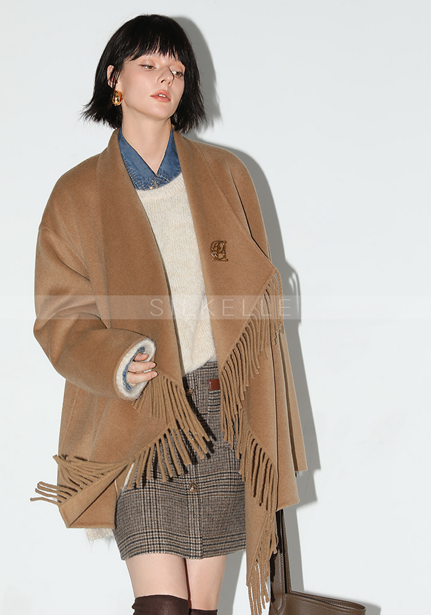 Fringed large lapel double-sided wool coat woolen wool coat