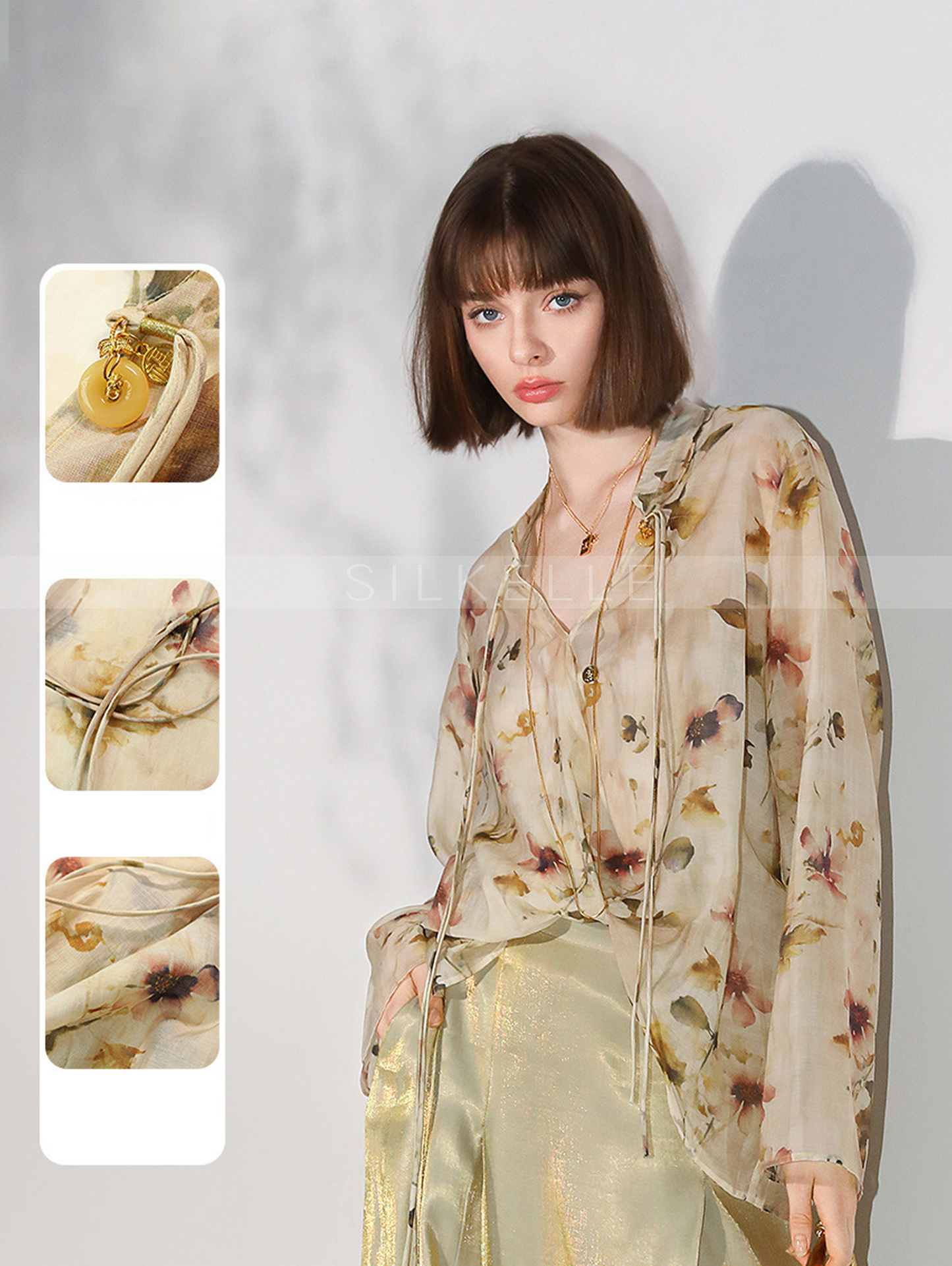 Freehand floral lyocell shirt autumn new Chinese chiffon shirt